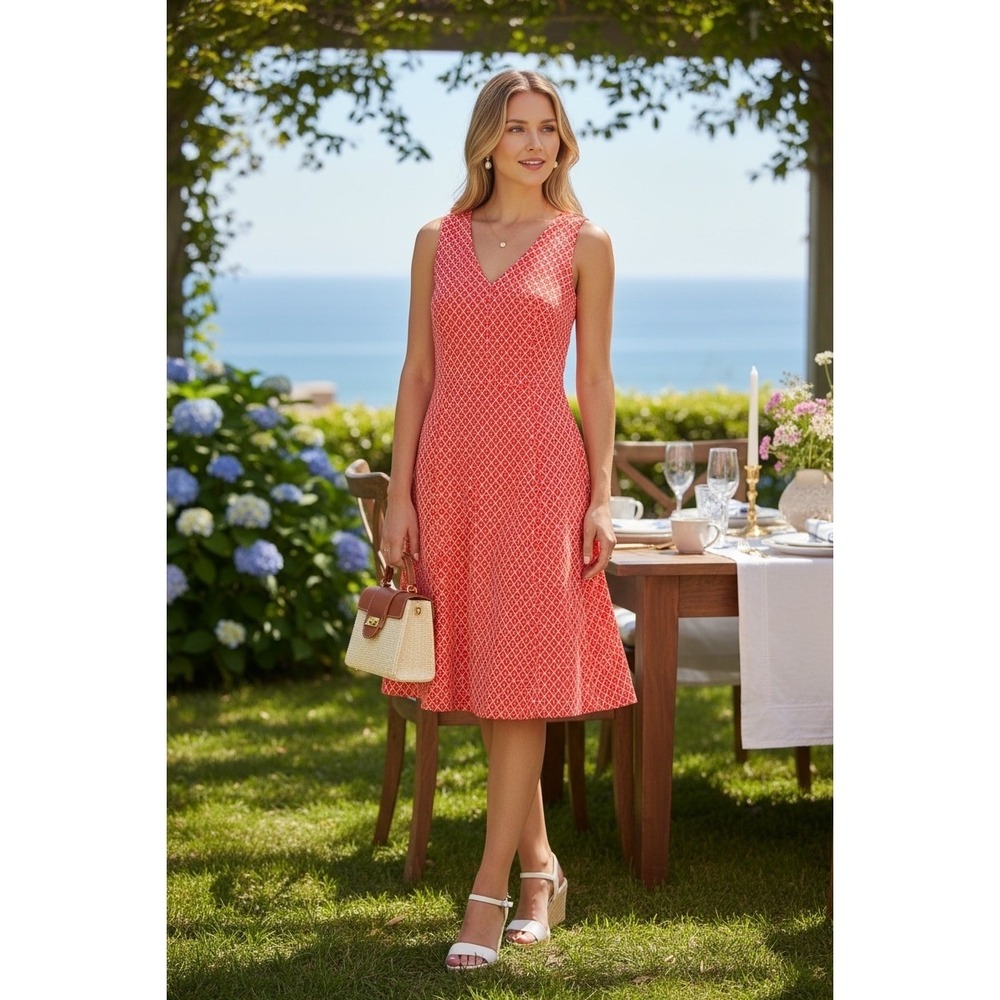 Tyler Boe Red‎ Geometric Dress M Coastal Preppy Sleeveless Shift Pockets